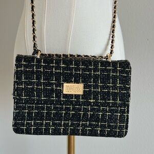 Badgley Mischka New York Crossbody Tweed Black and Gold Bag with Chain Strap.
